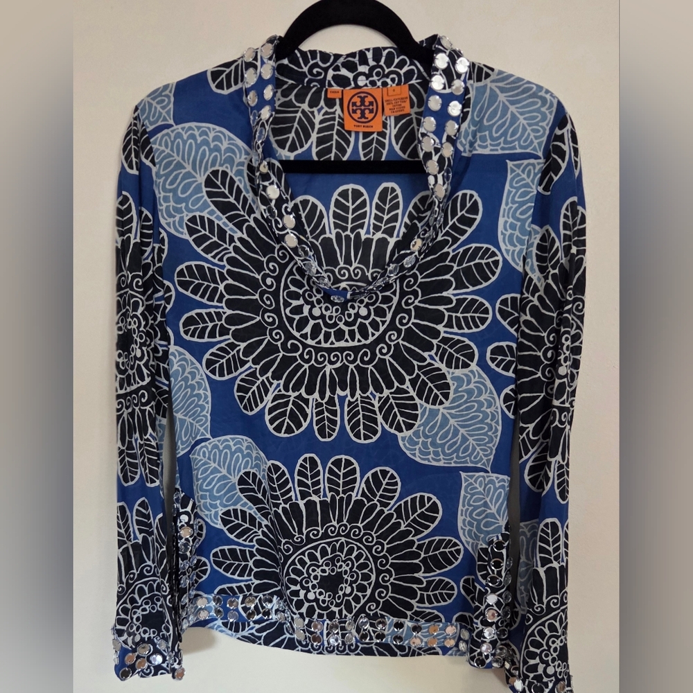 Tory Burch Stephanie Tunic with Mirror Embellished Top Size 0 Navy Tuscan